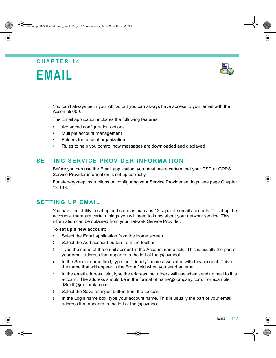 Setting service provider information, Setting up email, Email 147 | Email | Motorola 009 User Manual | Page 147 / 190