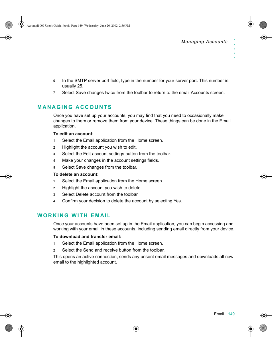 Managing accounts, Working with email, Managing accounts 149 working with email 149 | Motorola 009 User Manual | Page 149 / 190