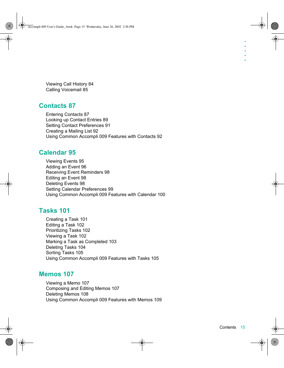 Contacts 87, Calendar 95, Tasks 101 | Motorola 009 User Manual | Page 15 / 190