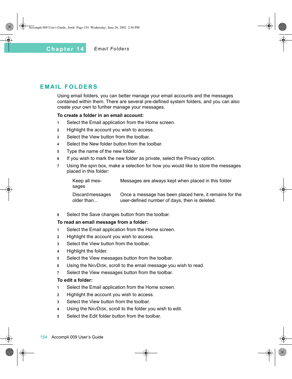 Email folders, Email folders 154 | Motorola 009 User Manual | Page 154 / 190