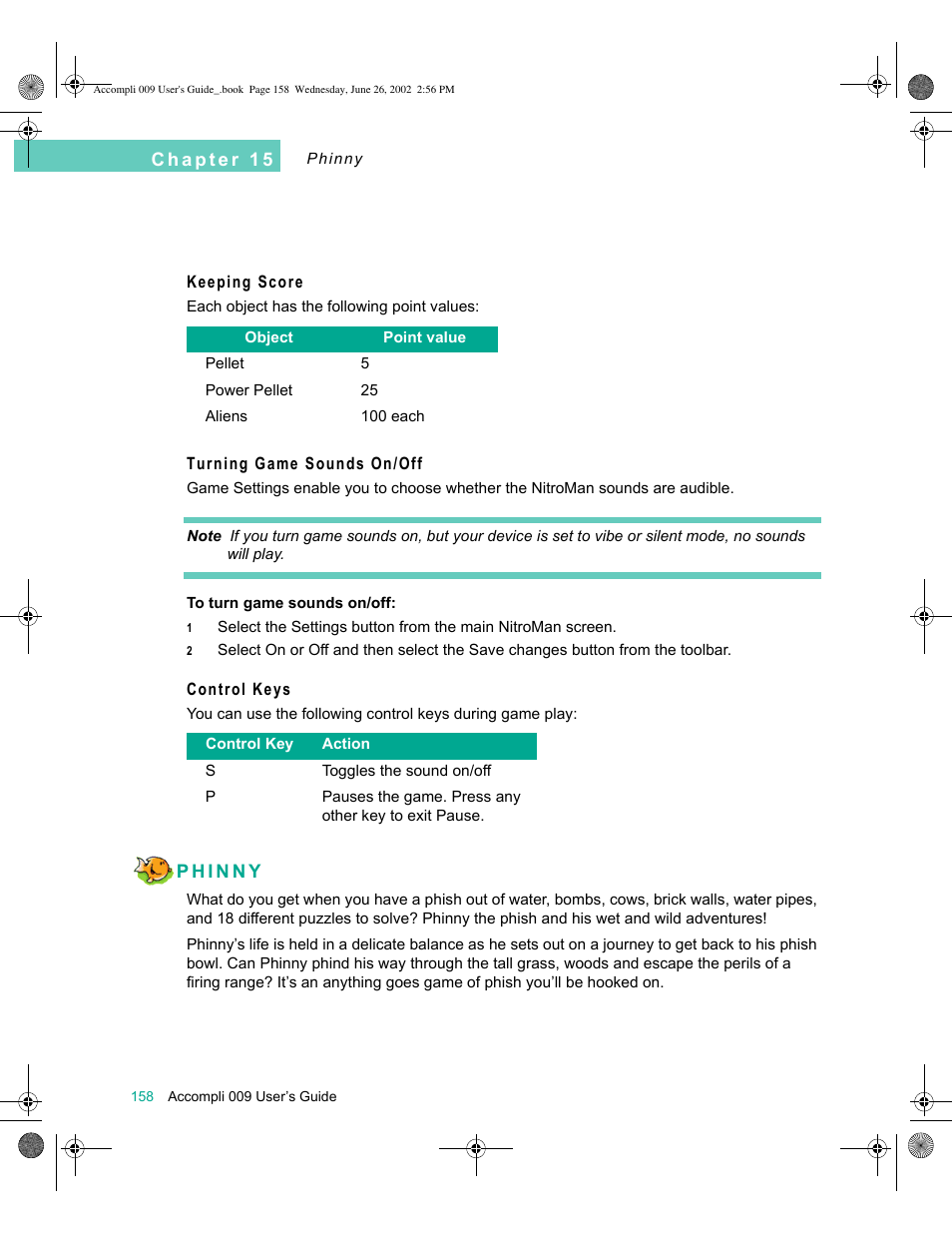 Keeping score, Turning game sounds on/off, Control keys | Phinny, Phinny 158 | Motorola 009 User Manual | Page 158 / 190