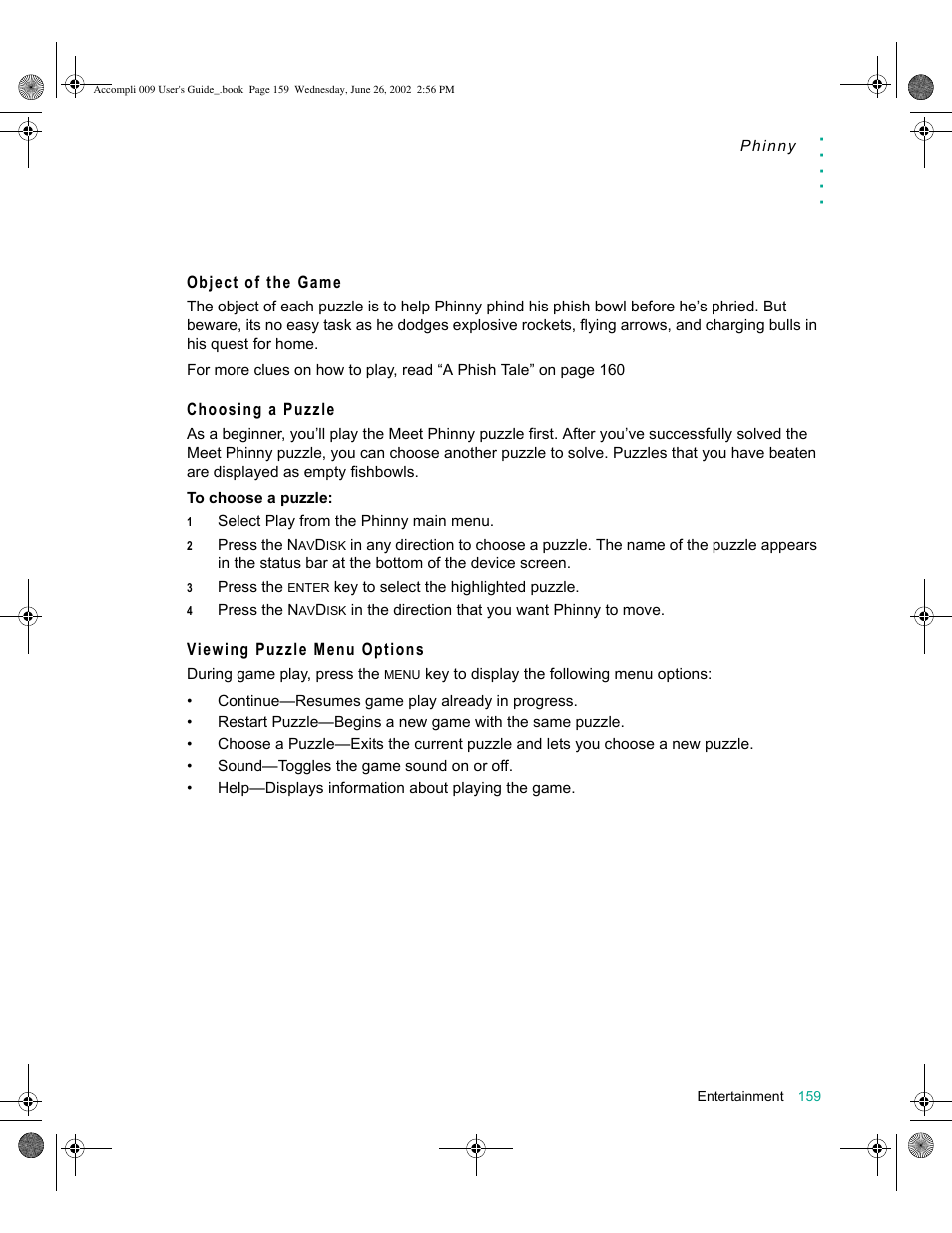 Object of the game, Choosing a puzzle, Viewing puzzle menu options | Motorola 009 User Manual | Page 159 / 190