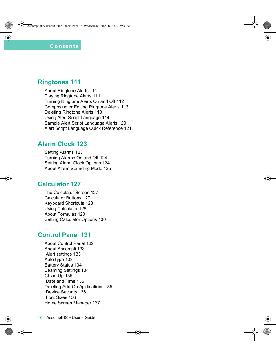 Ringtones 111, Alarm clock 123, Calculator 127 | Control panel 131 | Motorola 009 User Manual | Page 16 / 190