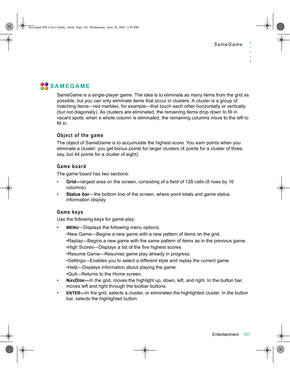 Samegame, Object of the game, Game board | Game keys, Samegame 161 | Motorola 009 User Manual | Page 161 / 190