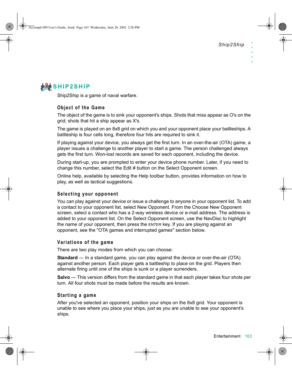 Ship2ship, Object of the game, Selecting your opponent | Variations of the game, Starting a game, Ship2ship 163 | Motorola 009 User Manual | Page 163 / 190