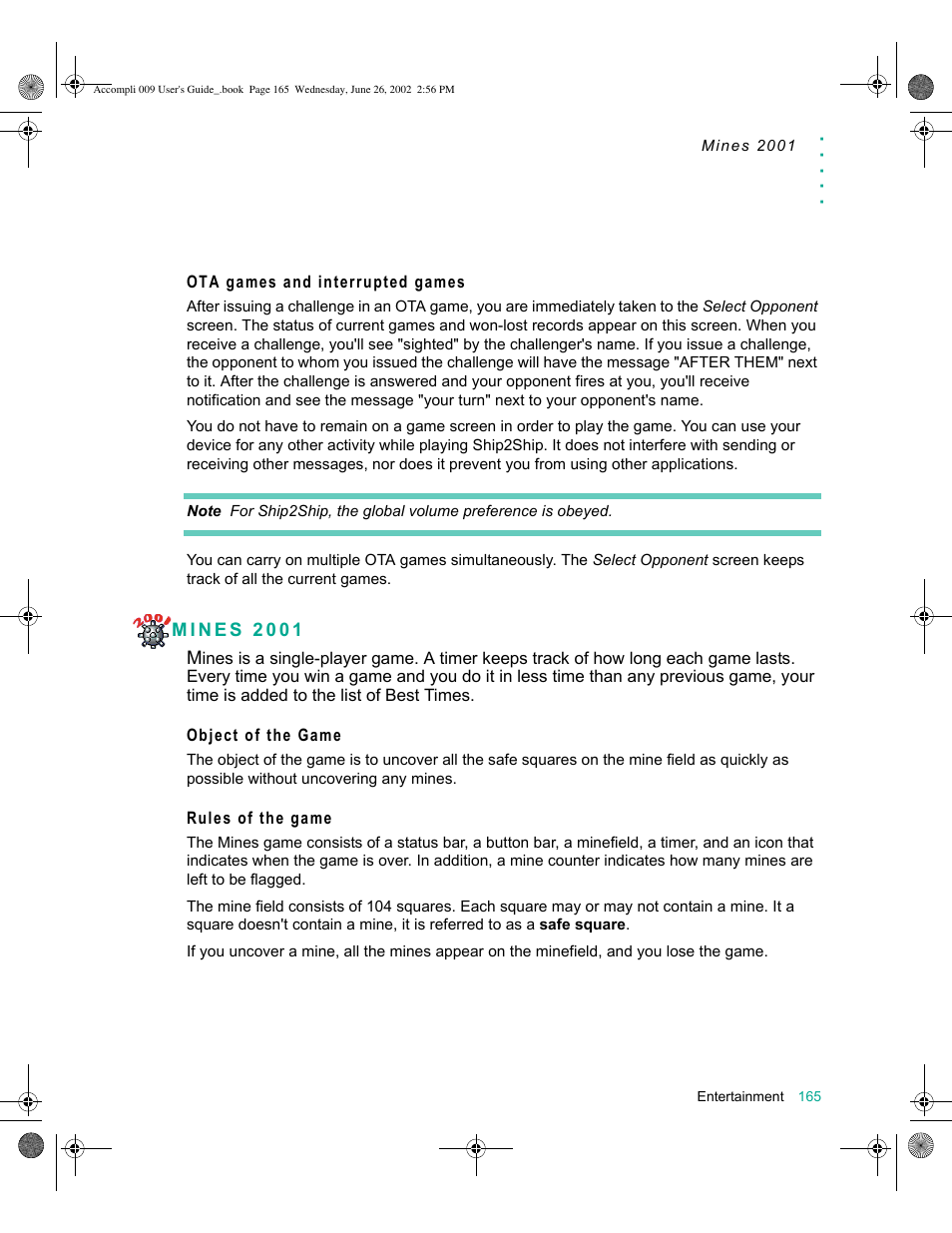 Ota games and interrupted games, Mines 2001, Object of the game | Rules of the game, Mines 2001 165 | Motorola 009 User Manual | Page 165 / 190