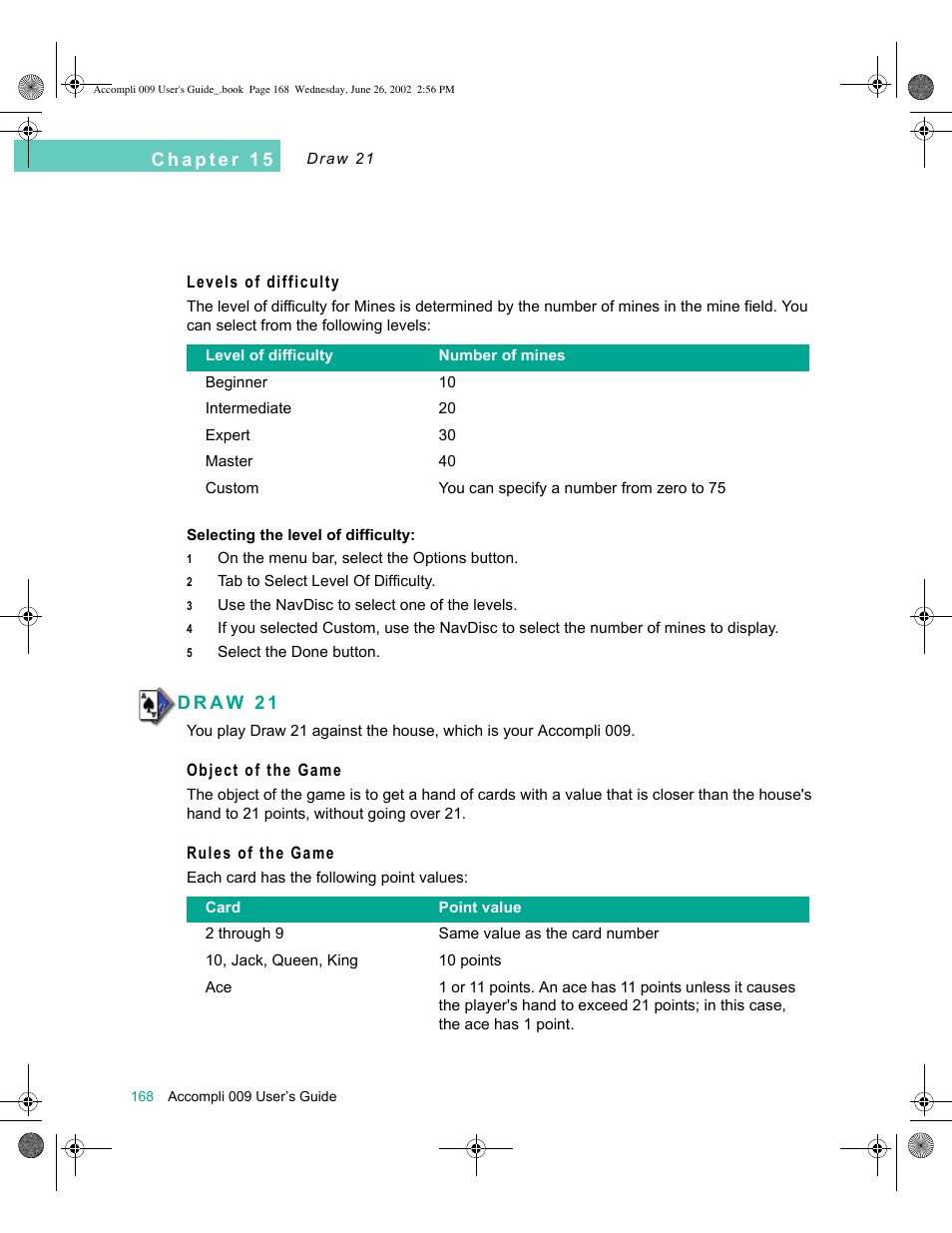 Levels of difficulty, Draw 21, Object of the game | Rules of the game, Draw 21 168 | Motorola 009 User Manual | Page 168 / 190