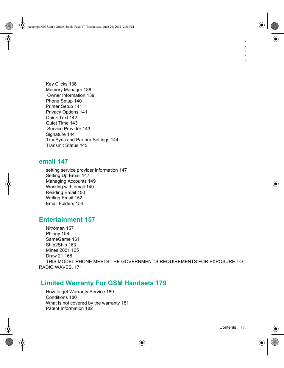 Email 147, Entertainment 157, Limited warranty for gsm handsets 179 | Motorola 009 User Manual | Page 17 / 190