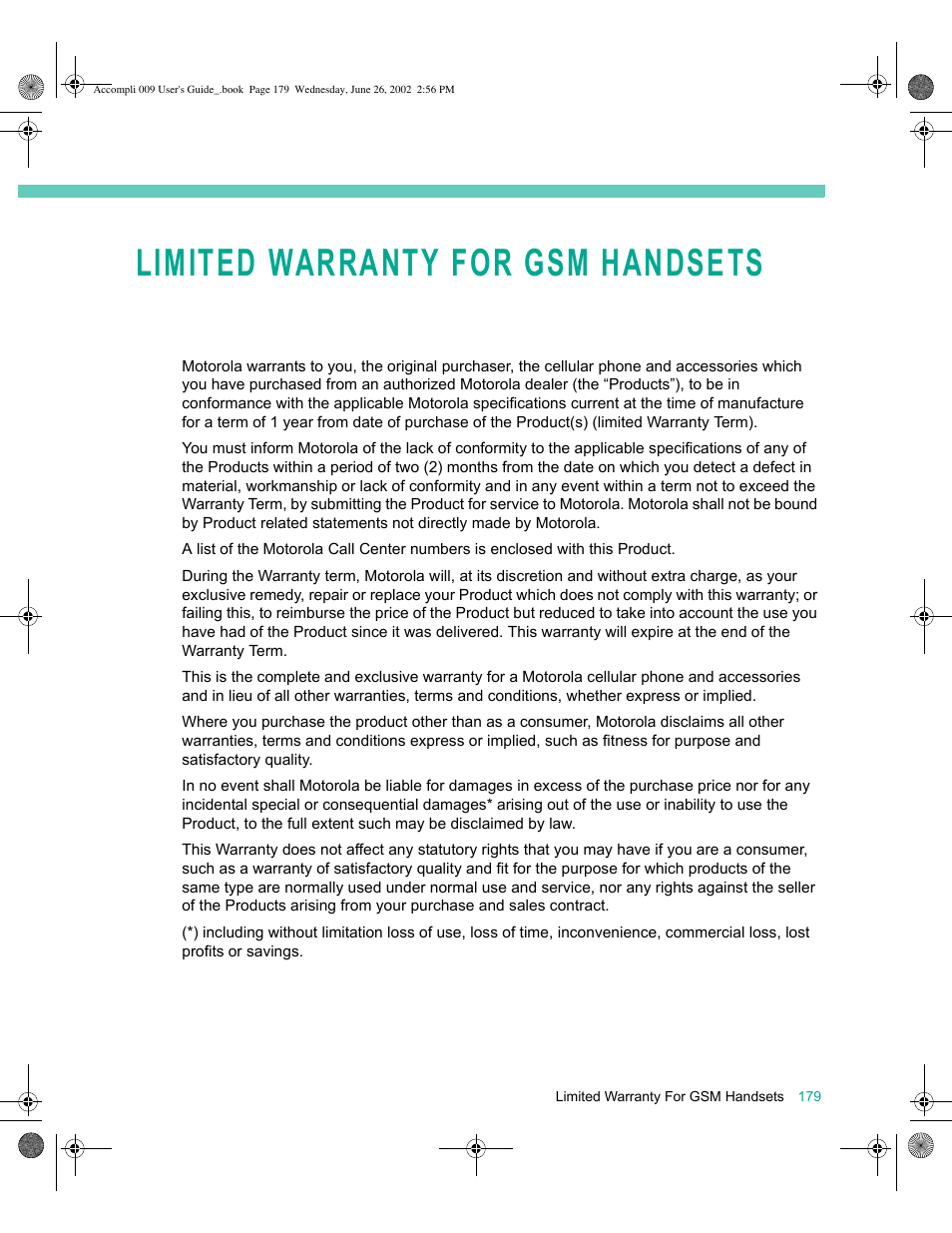 Limited warranty for gsm handsets 179, Limited warranty for gsm handsets | Motorola 009 User Manual | Page 179 / 190