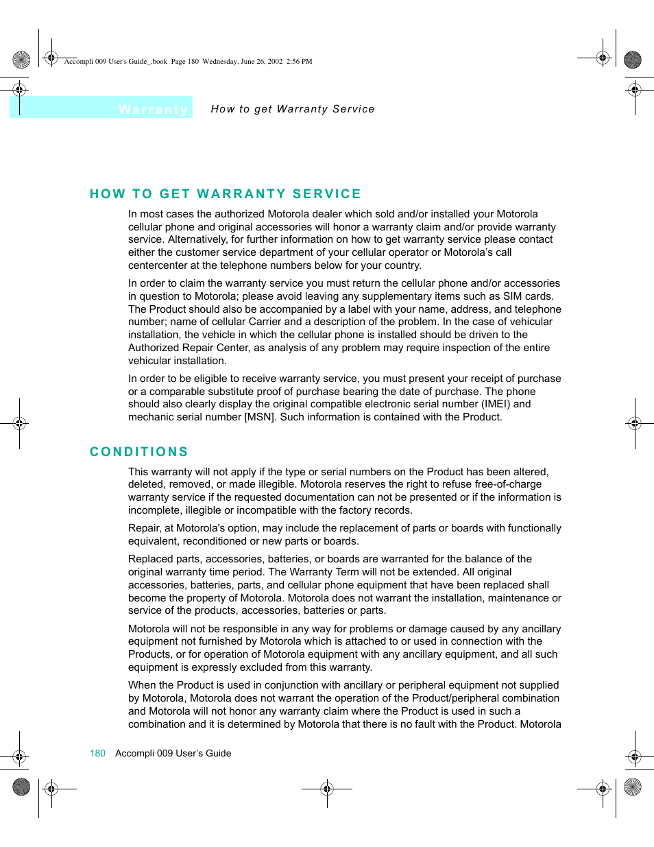 How to get warranty service, Conditions, How to get warranty service 180 conditions 180 | Motorola 009 User Manual | Page 180 / 190