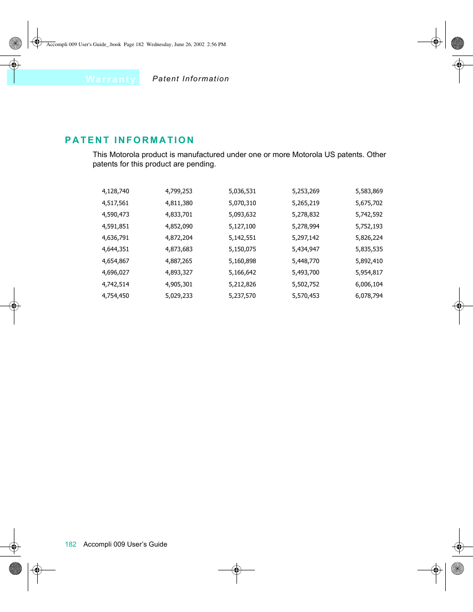 Patent information, Patent information 182 | Motorola 009 User Manual | Page 182 / 190