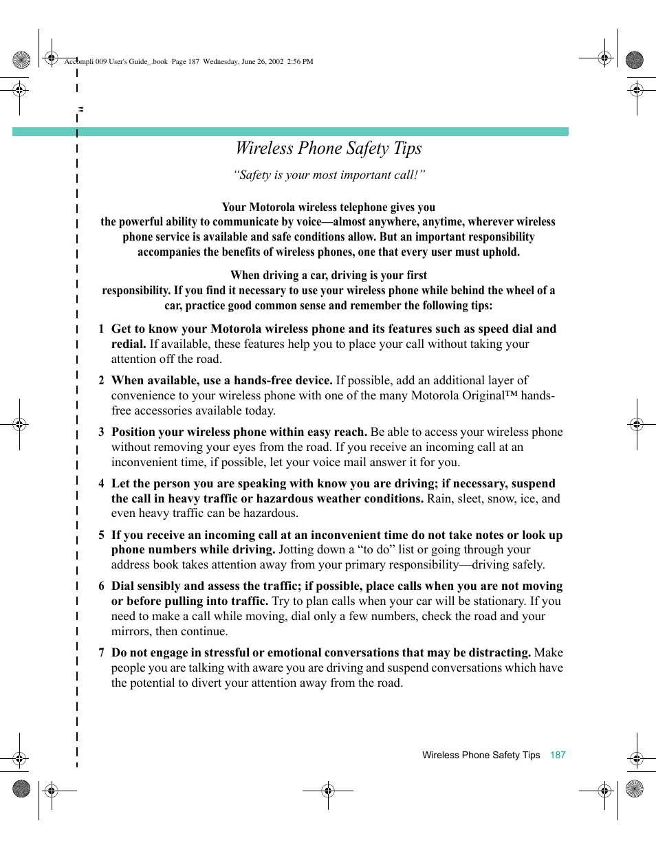 Wireless phone safety tips | Motorola 009 User Manual | Page 187 / 190