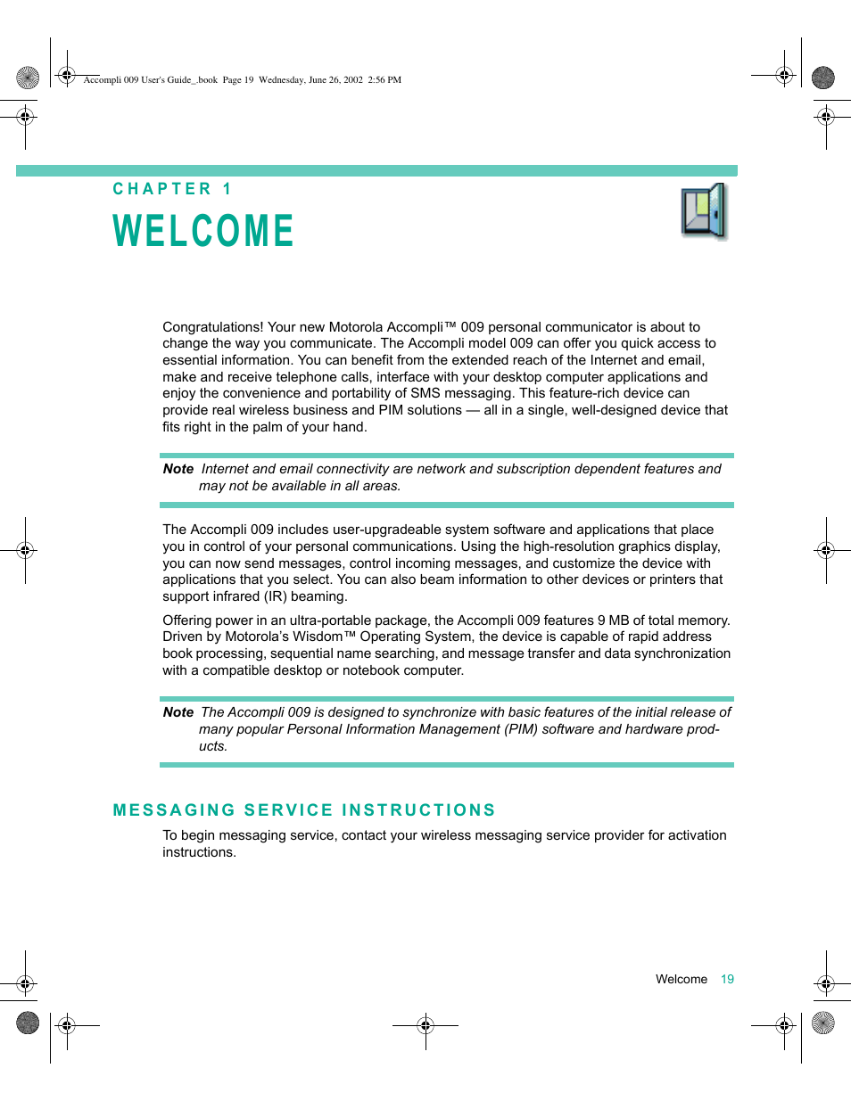 Messaging service instructions, Welcome 19, Messaging service instructions 19 | Welcome | Motorola 009 User Manual | Page 19 / 190