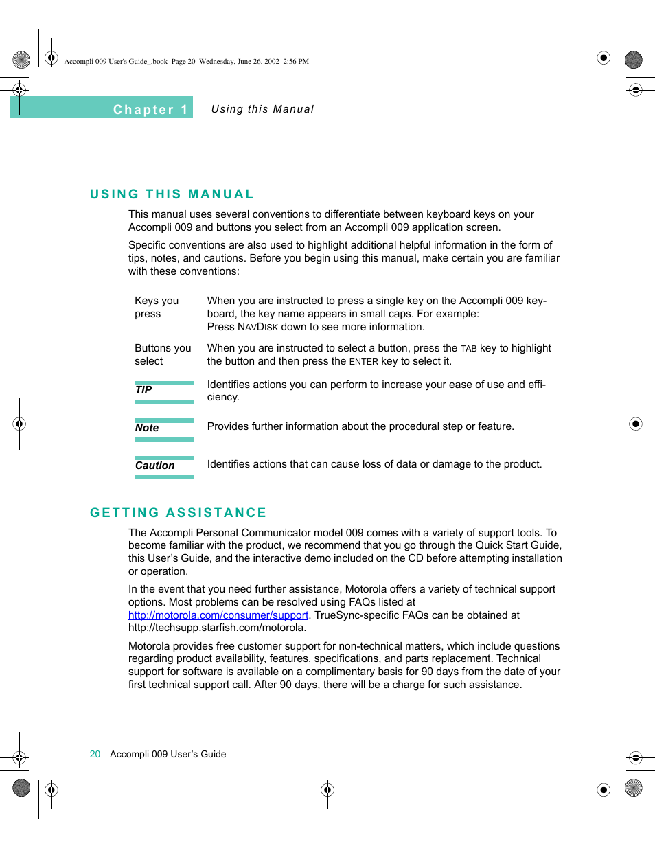 Using this manual, Getting assistance, Using this manual 20 getting assistance 20 | Motorola 009 User Manual | Page 20 / 190