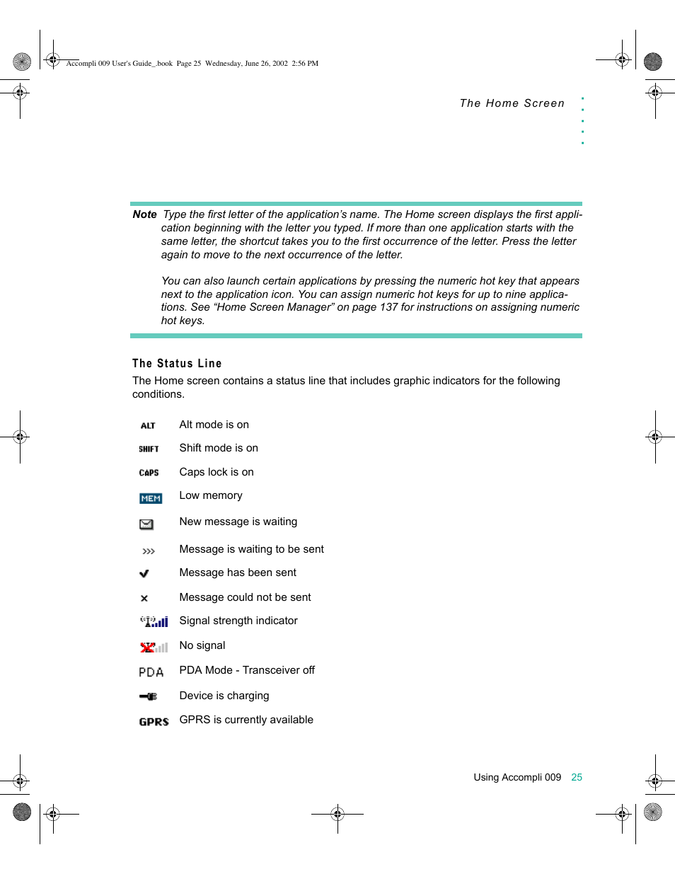 The status line | Motorola 009 User Manual | Page 25 / 190