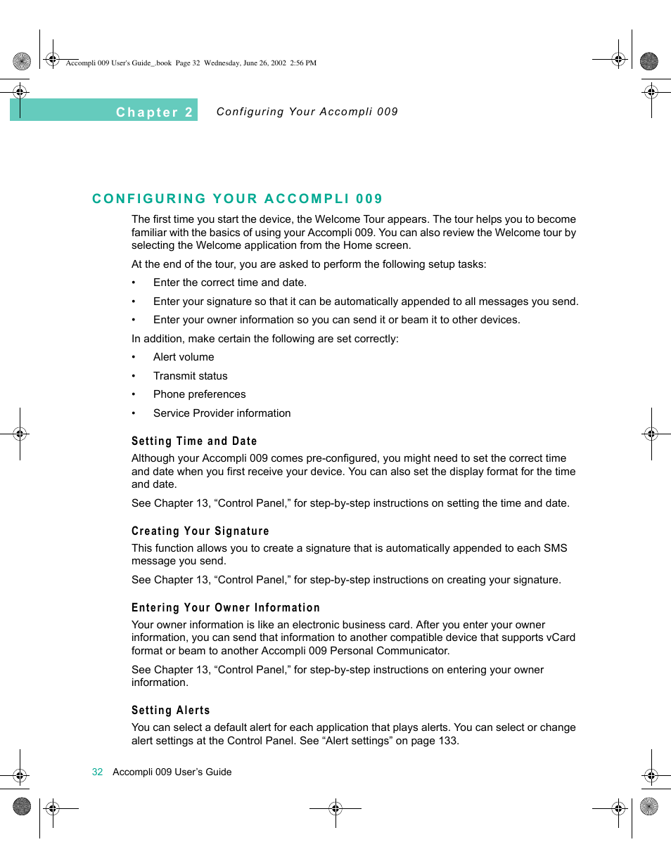 Configuring your accompli 009, Setting time and date, Creating your signature | Entering your owner information, Setting alerts, Configuring your accompli 009 32 | Motorola 009 User Manual | Page 32 / 190