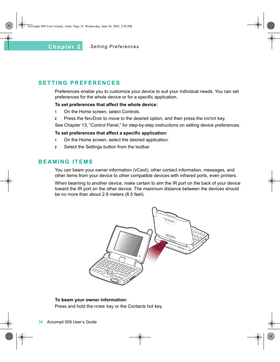 Setting preferences, Beaming items, Setting preferences 34 beaming items 34 | Motorola 009 User Manual | Page 34 / 190