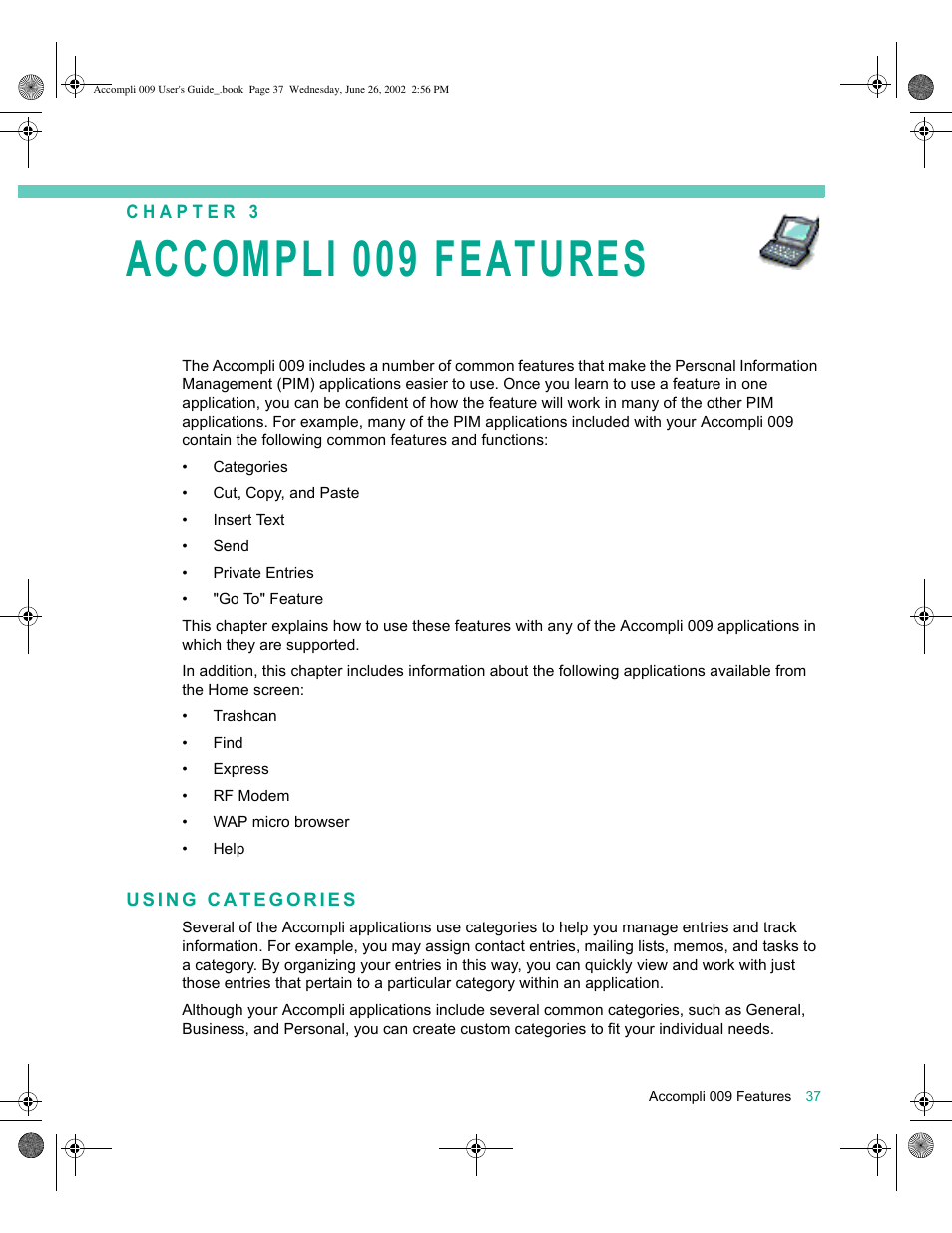 Using categories, Accompli 009 features 37, Using categories 37 | Accompli 009 features | Motorola 009 User Manual | Page 37 / 190