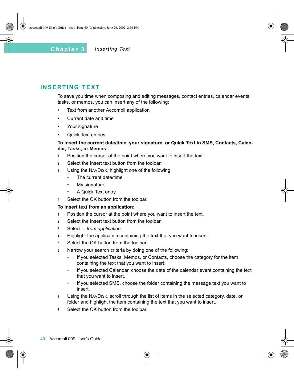 Inserting text, Inserting text 40 | Motorola 009 User Manual | Page 40 / 190