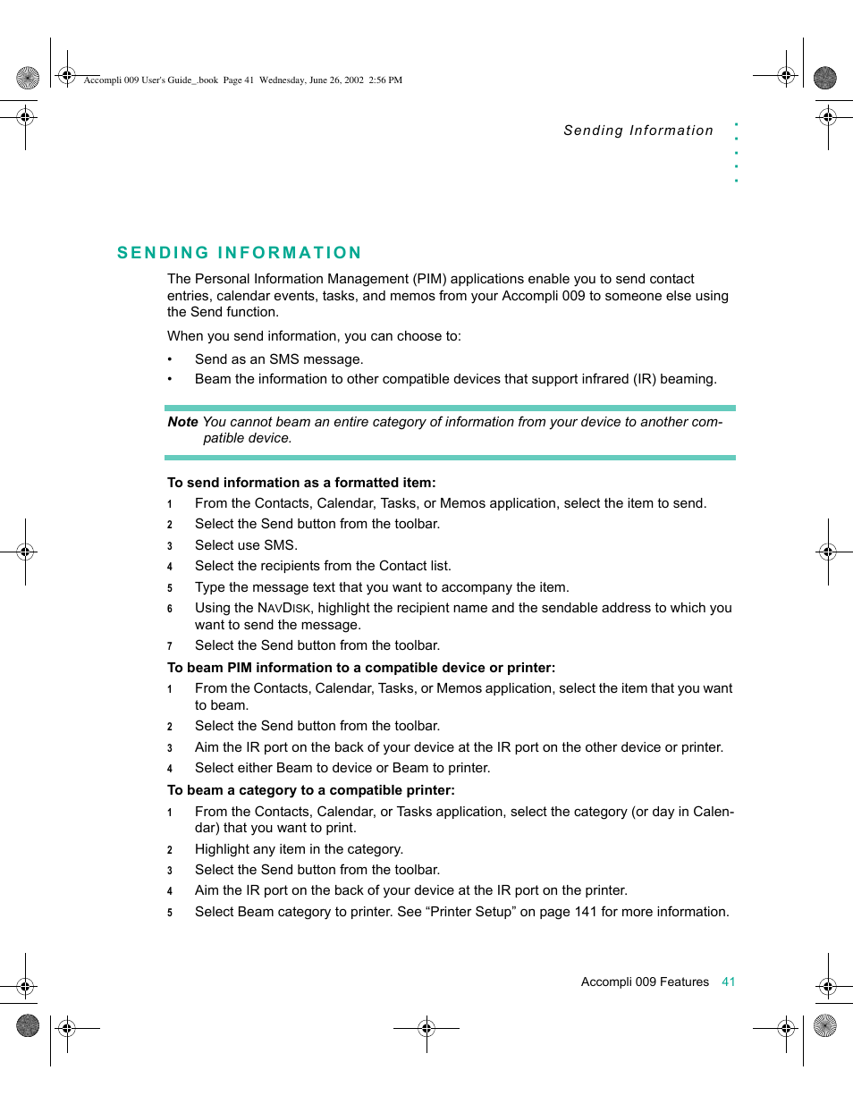 Sending information, Sending information 41 | Motorola 009 User Manual | Page 41 / 190