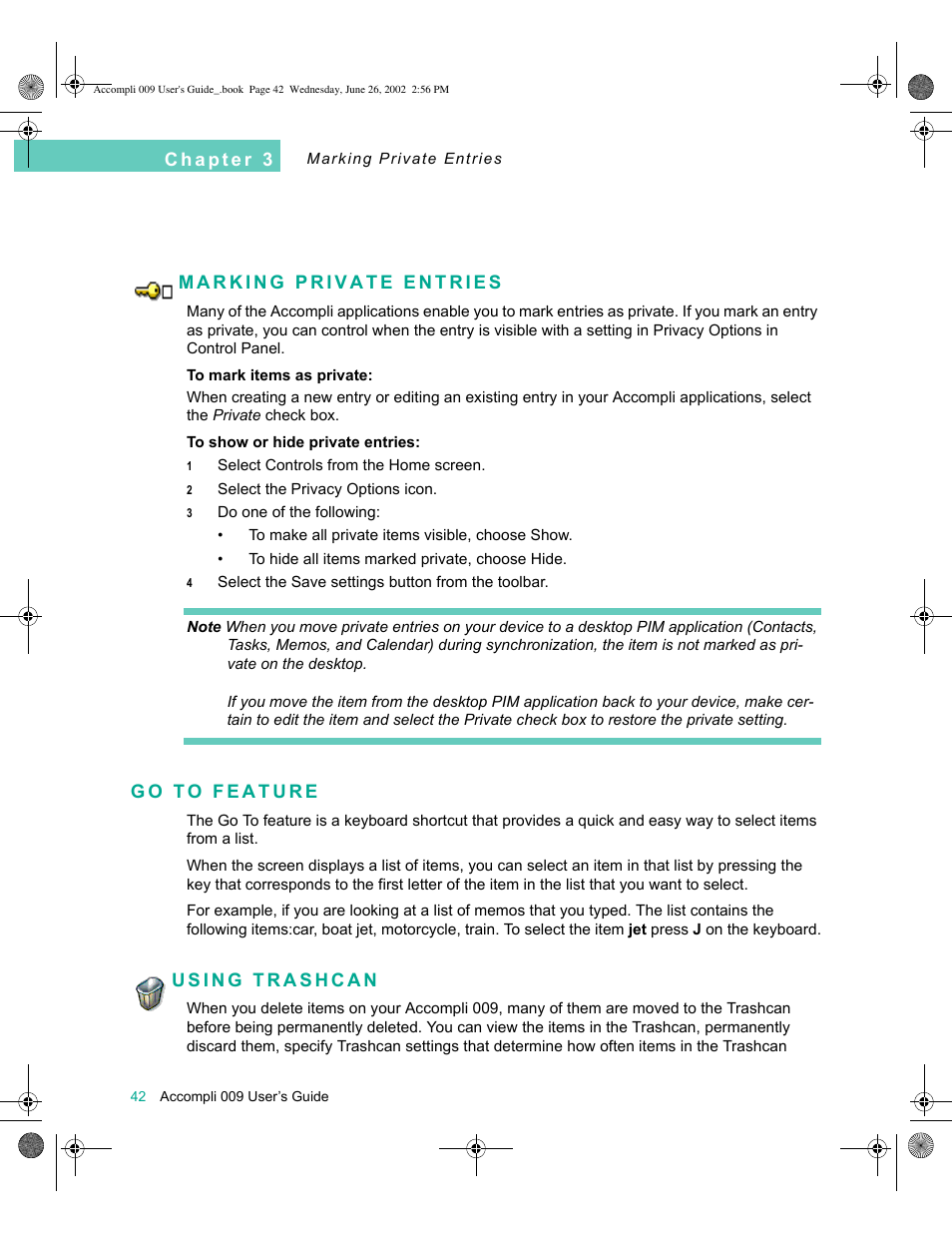 Marking private entries, Go to feature, Using trashcan | Motorola 009 User Manual | Page 42 / 190