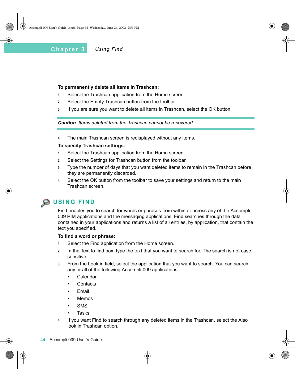 Using find, Using find 44 | Motorola 009 User Manual | Page 44 / 190