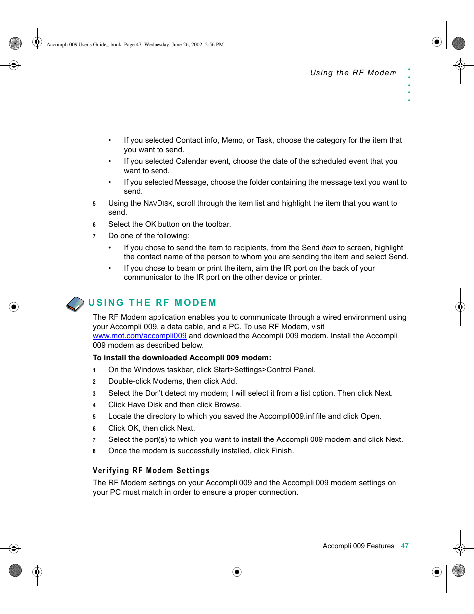 Using the rf modem, Verifying rf modem settings, Using the rf modem 47 | Motorola 009 User Manual | Page 47 / 190