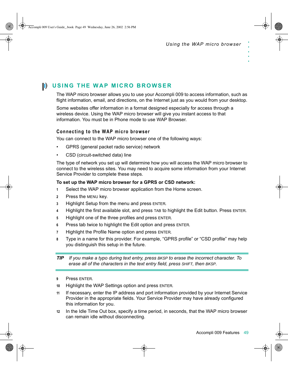 Using the wap micro browser, Connecting to the wap micro browser, Using the wap micro browser 49 | Motorola 009 User Manual | Page 49 / 190