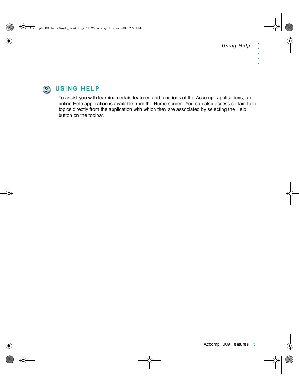 Using help, Using help 51 | Motorola 009 User Manual | Page 51 / 190