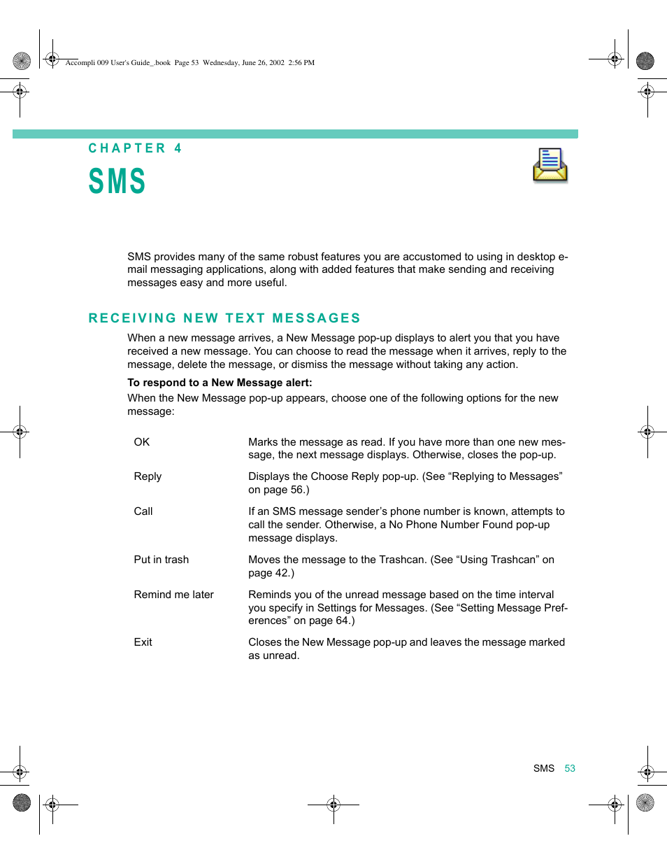 Receiving new text messages, Sms 53, Receiving new text messages 53 | Motorola 009 User Manual | Page 53 / 190