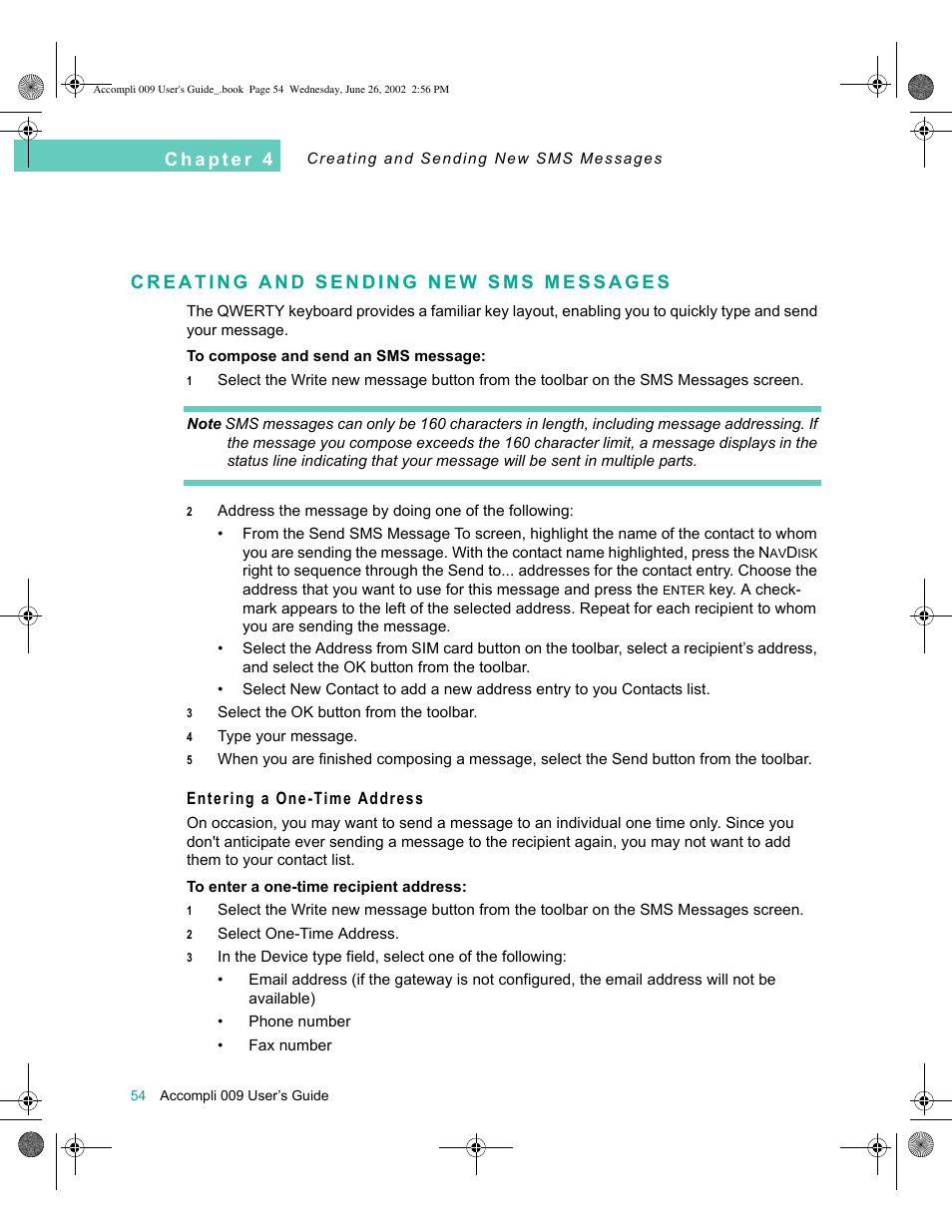 Creating and sending new sms messages, Entering a one-time address, Creating and sending new sms messages 54 | Motorola 009 User Manual | Page 54 / 190