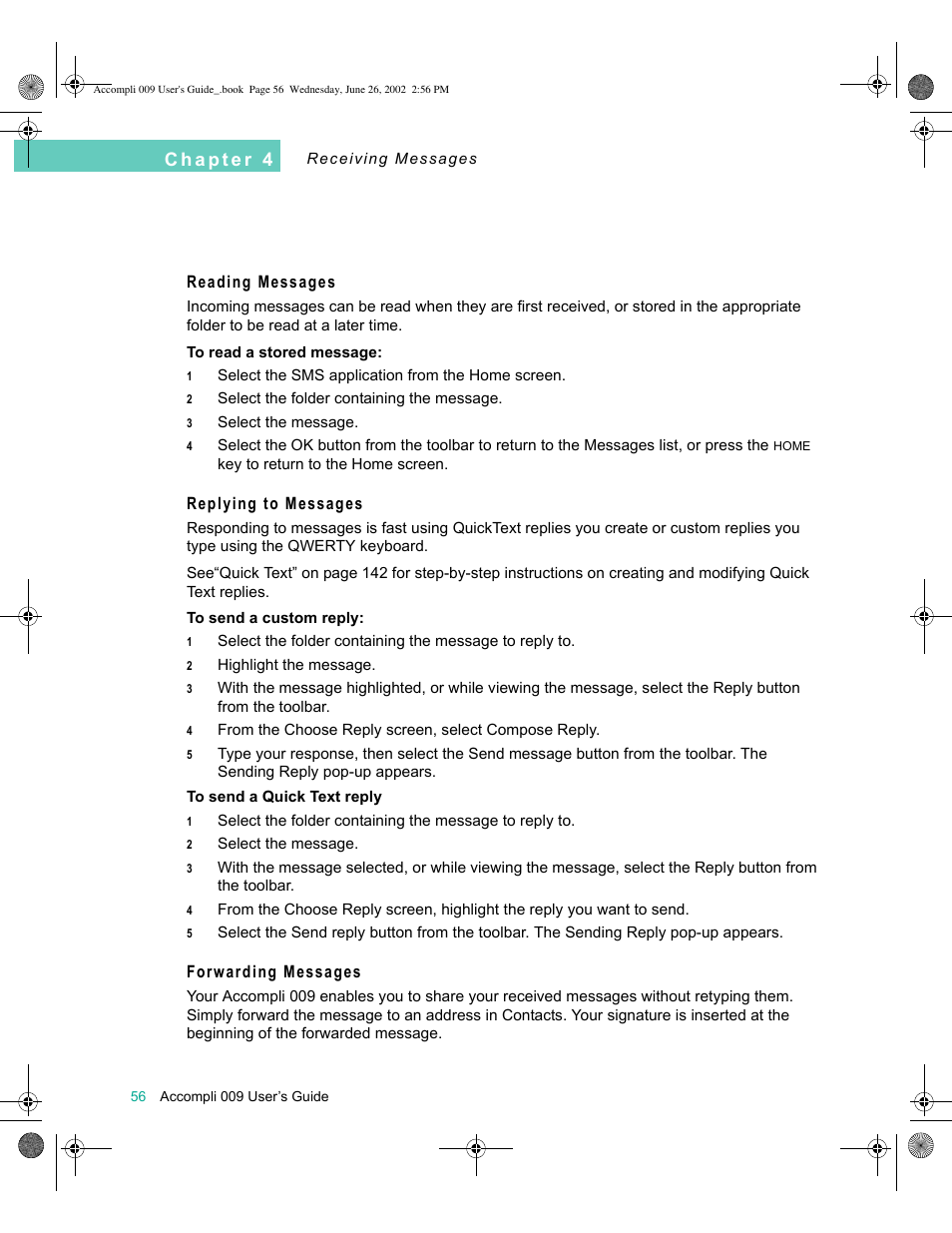 Reading messages, Replying to messages, Forwarding messages | Motorola 009 User Manual | Page 56 / 190