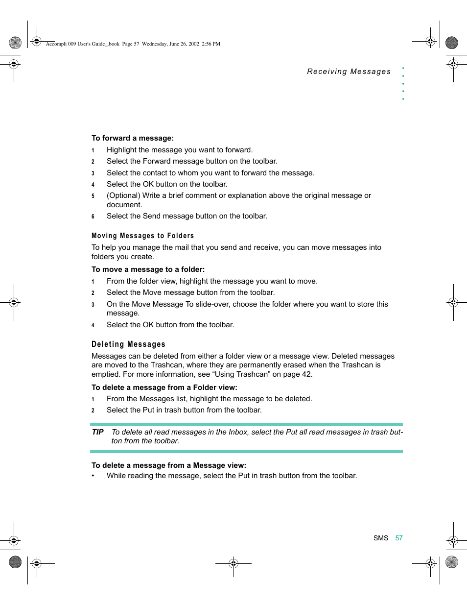 Moving messages to folders, Deleting messages | Motorola 009 User Manual | Page 57 / 190