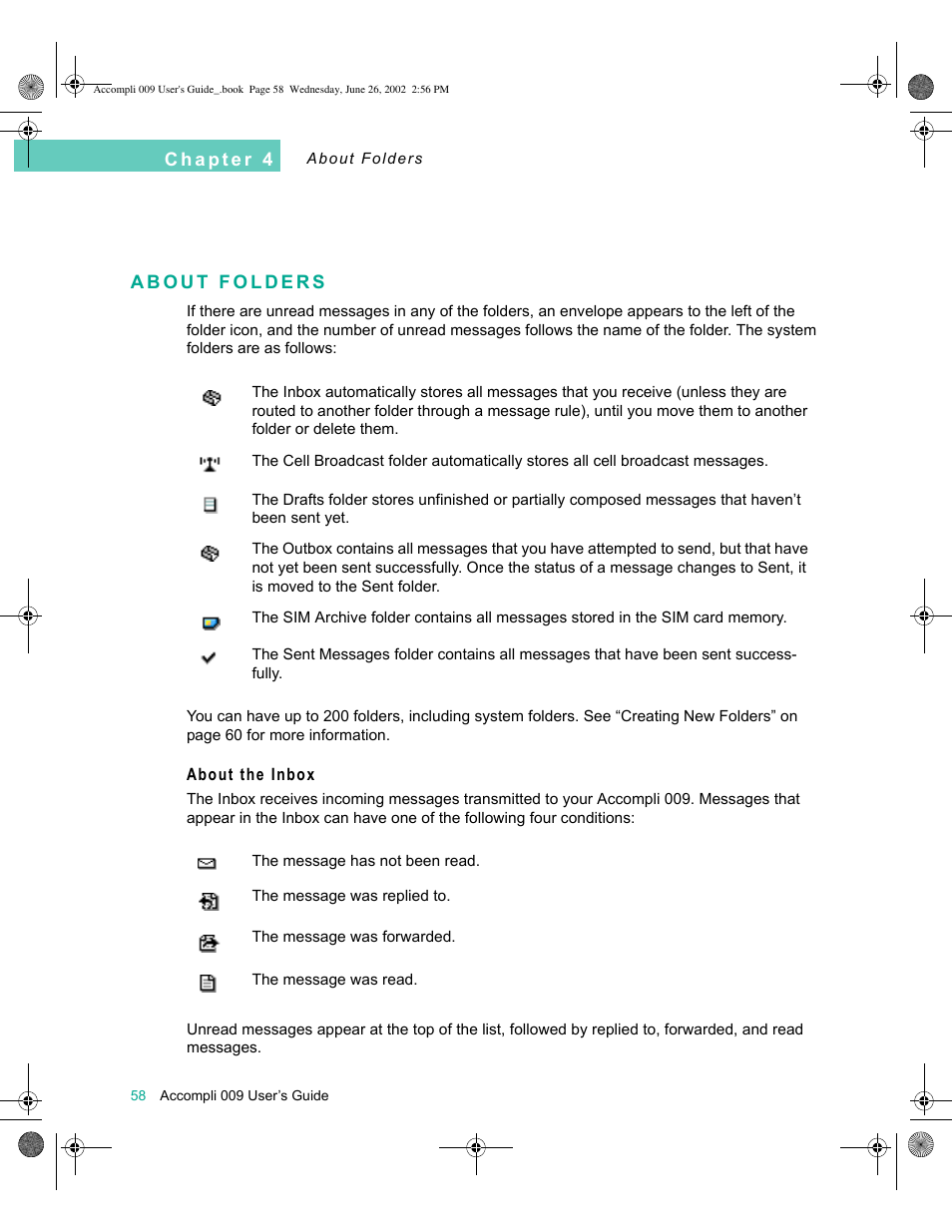 About folders, About the inbox, About folders 58 | Motorola 009 User Manual | Page 58 / 190