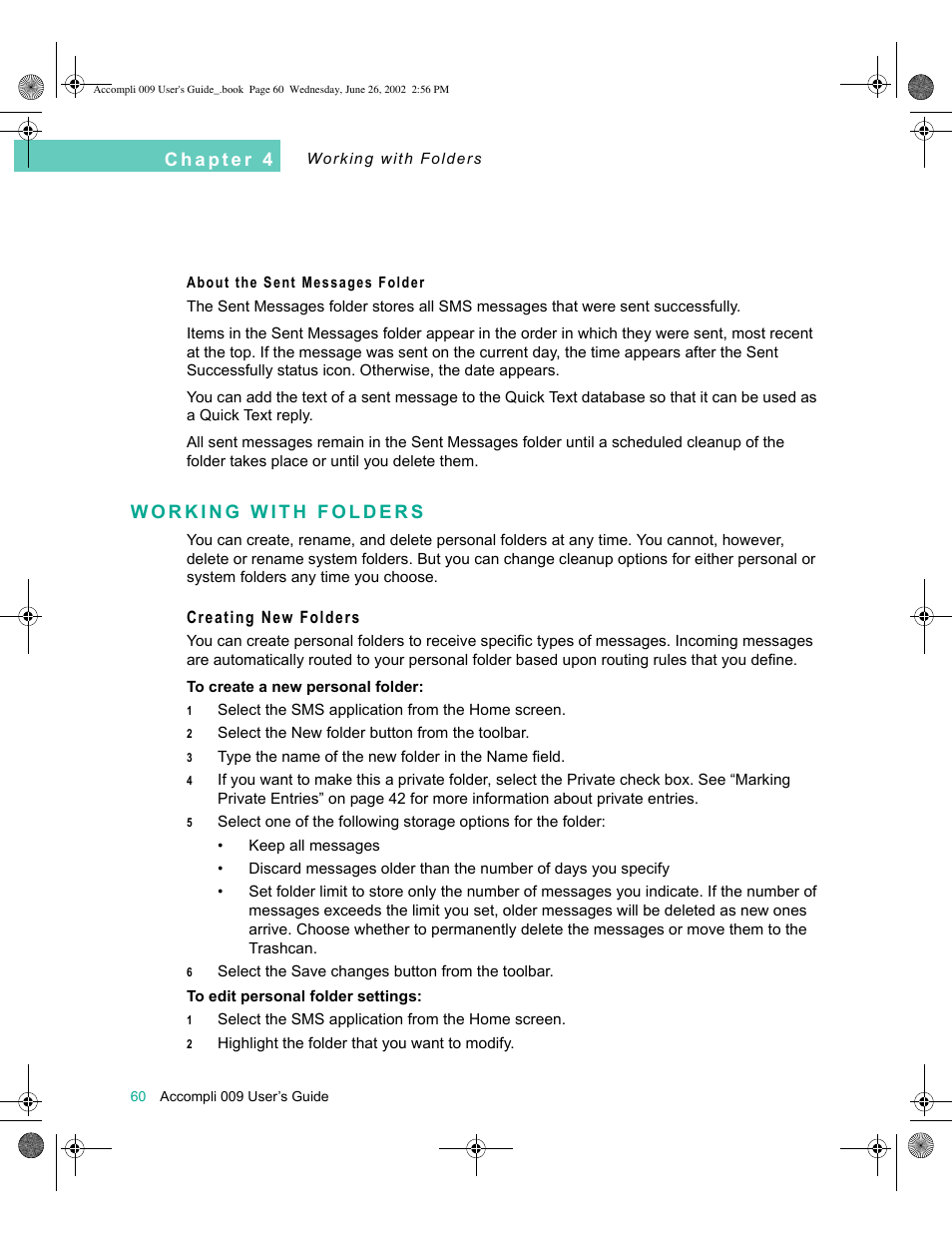 About the sent messages folder, Working with folders, Creating new folders | Working with folders 60 | Motorola 009 User Manual | Page 60 / 190