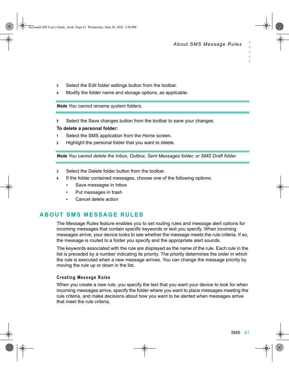 About sms message rules, Creating message rules, About sms message rules 61 | Motorola 009 User Manual | Page 61 / 190