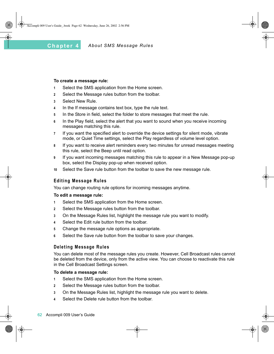 Editing message rules, Deleting message rules | Motorola 009 User Manual | Page 62 / 190