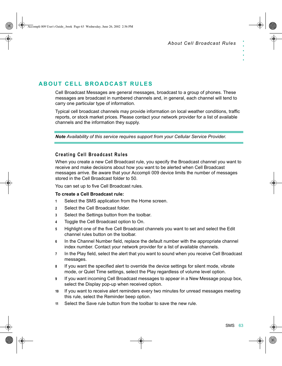 About cell broadcast rules, Creating cell broadcast rules, About cell broadcast rules 63 | Motorola 009 User Manual | Page 63 / 190