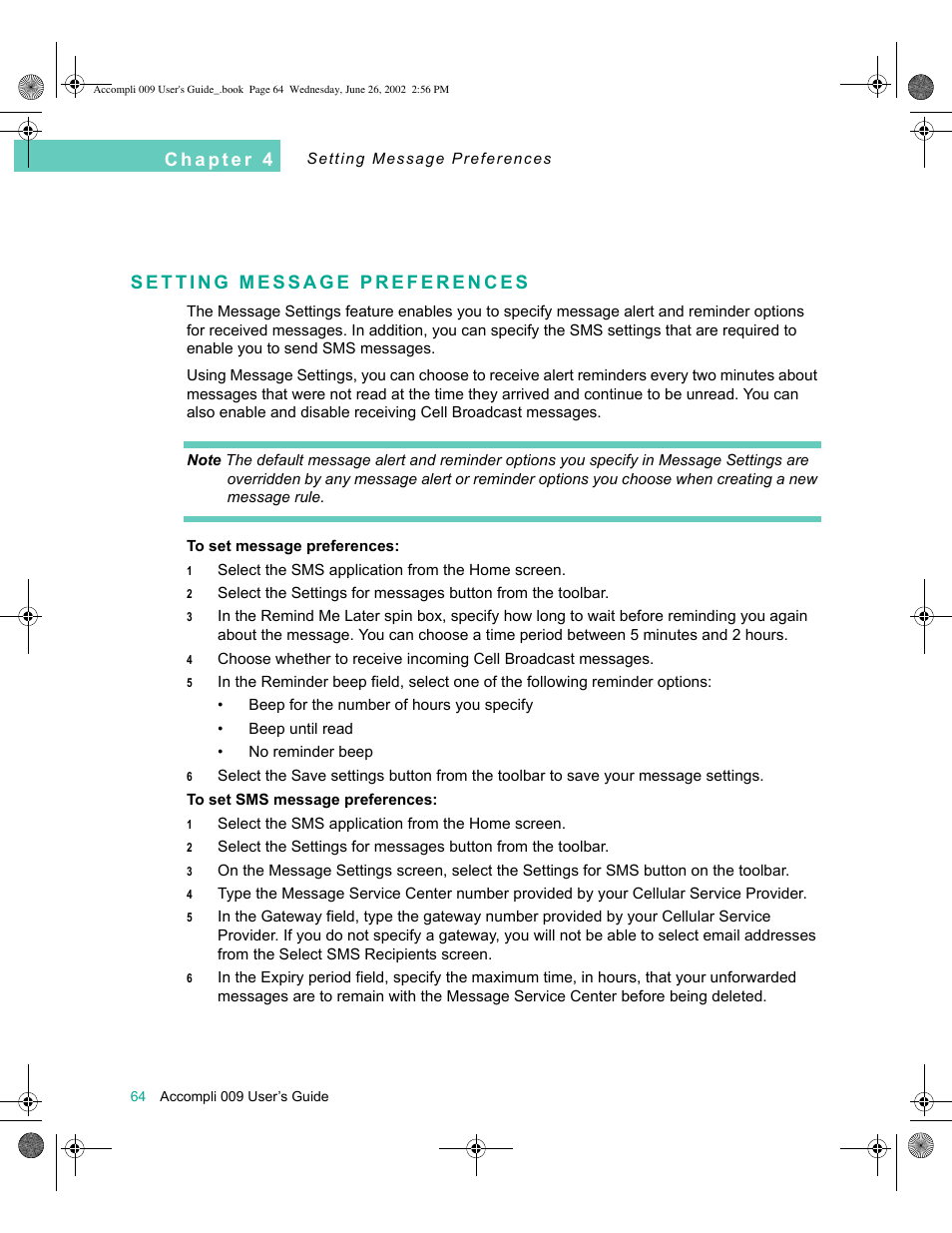 Setting message preferences, Setting message preferences 64 | Motorola 009 User Manual | Page 64 / 190