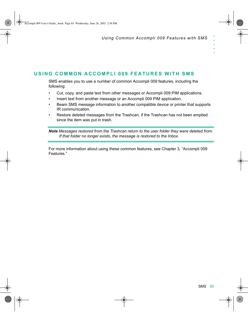 Using common accompli 009 features with sms, Using common accompli 009 features with sms 65 | Motorola 009 User Manual | Page 65 / 190