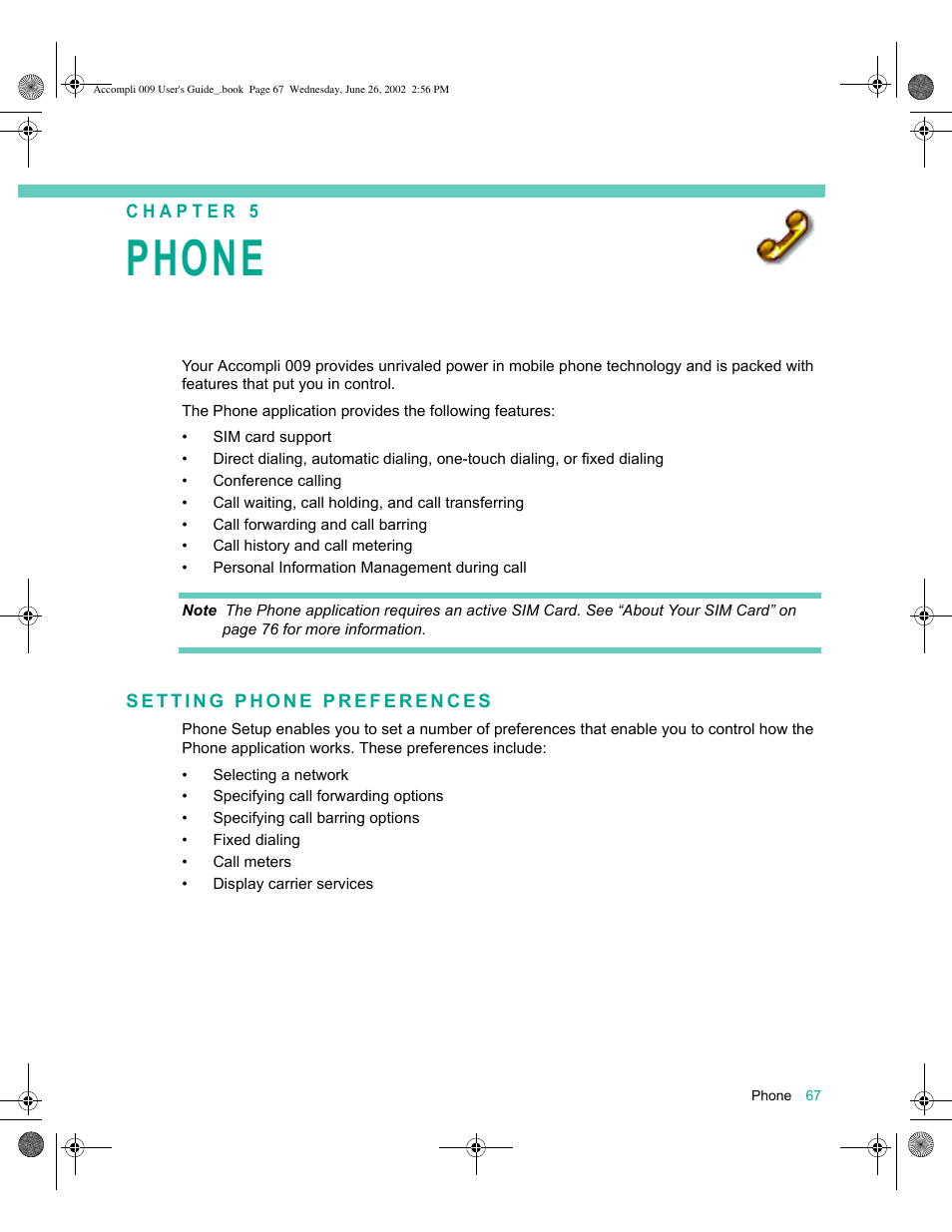 Setting phone preferences, Phone 67, Setting phone preferences 67 | Phone | Motorola 009 User Manual | Page 67 / 190