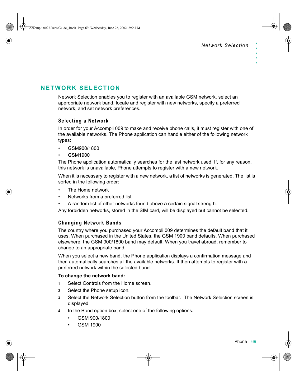 Network selection, Selecting a network, Changing network bands | Network selection 69 | Motorola 009 User Manual | Page 69 / 190