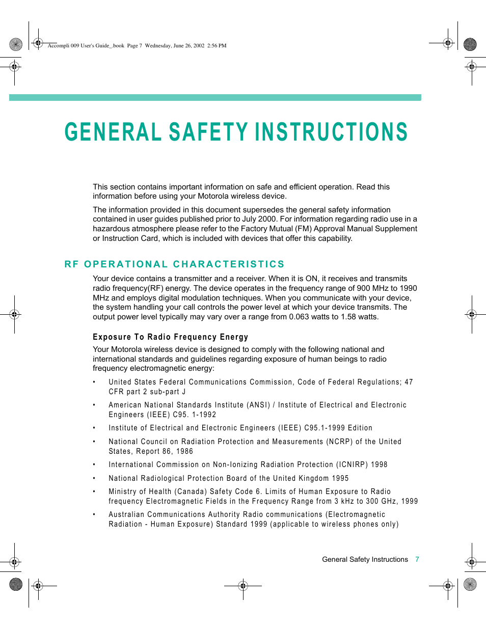 Rf operational characteristics, Exposure to radio frequency energy, General safety instructions | Motorola 009 User Manual | Page 7 / 190