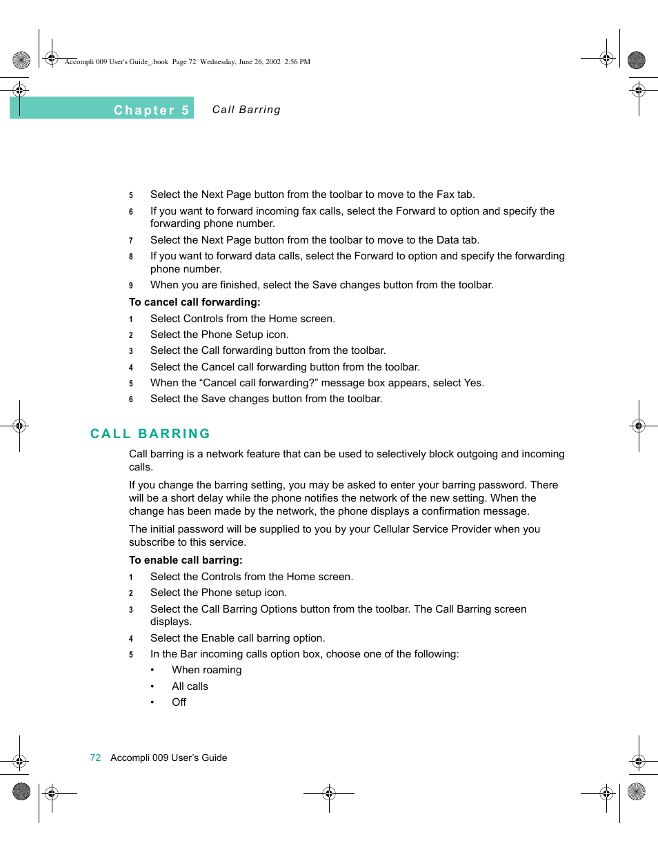 Call barring, Call barring 72 | Motorola 009 User Manual | Page 72 / 190