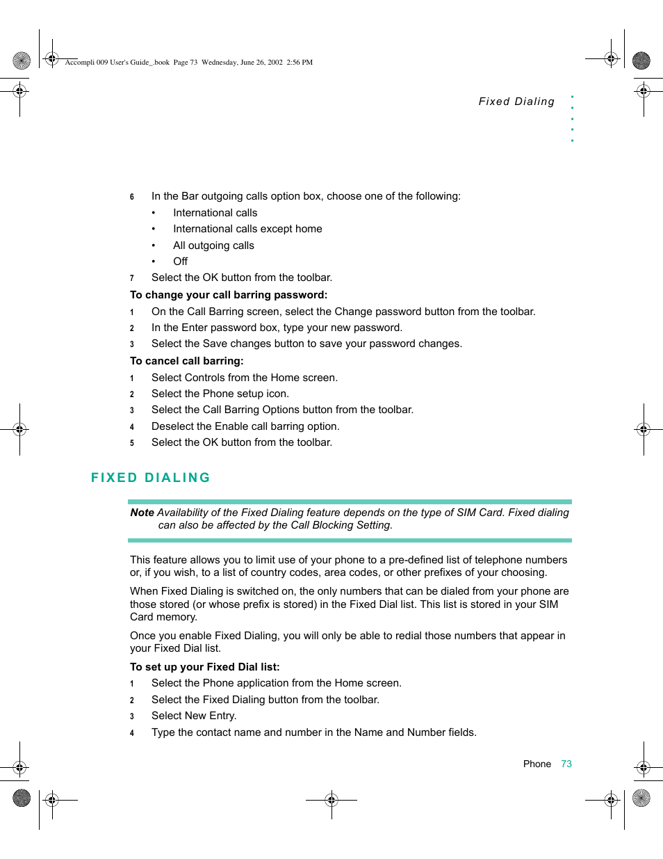 Fixed dialing, Fixed dialing 73 | Motorola 009 User Manual | Page 73 / 190