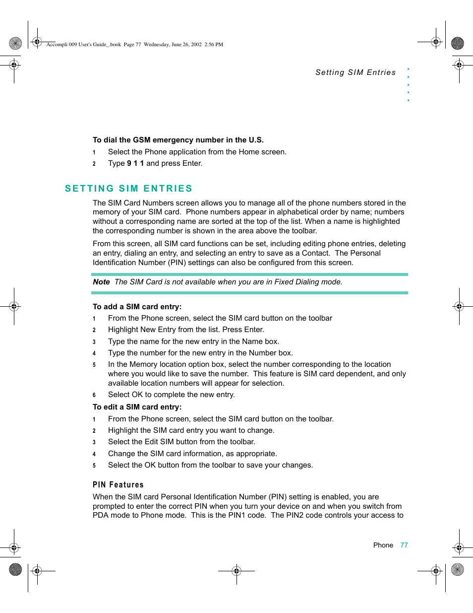 Setting sim entries, Pin features, Setting sim entries 77 | Motorola 009 User Manual | Page 77 / 190