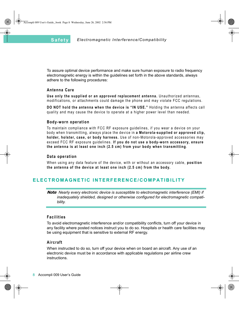 Antenna care, Body-worn operation, Data operation | Electromagnetic interference/compatibility, Facilities, Aircraft | Motorola 009 User Manual | Page 8 / 190