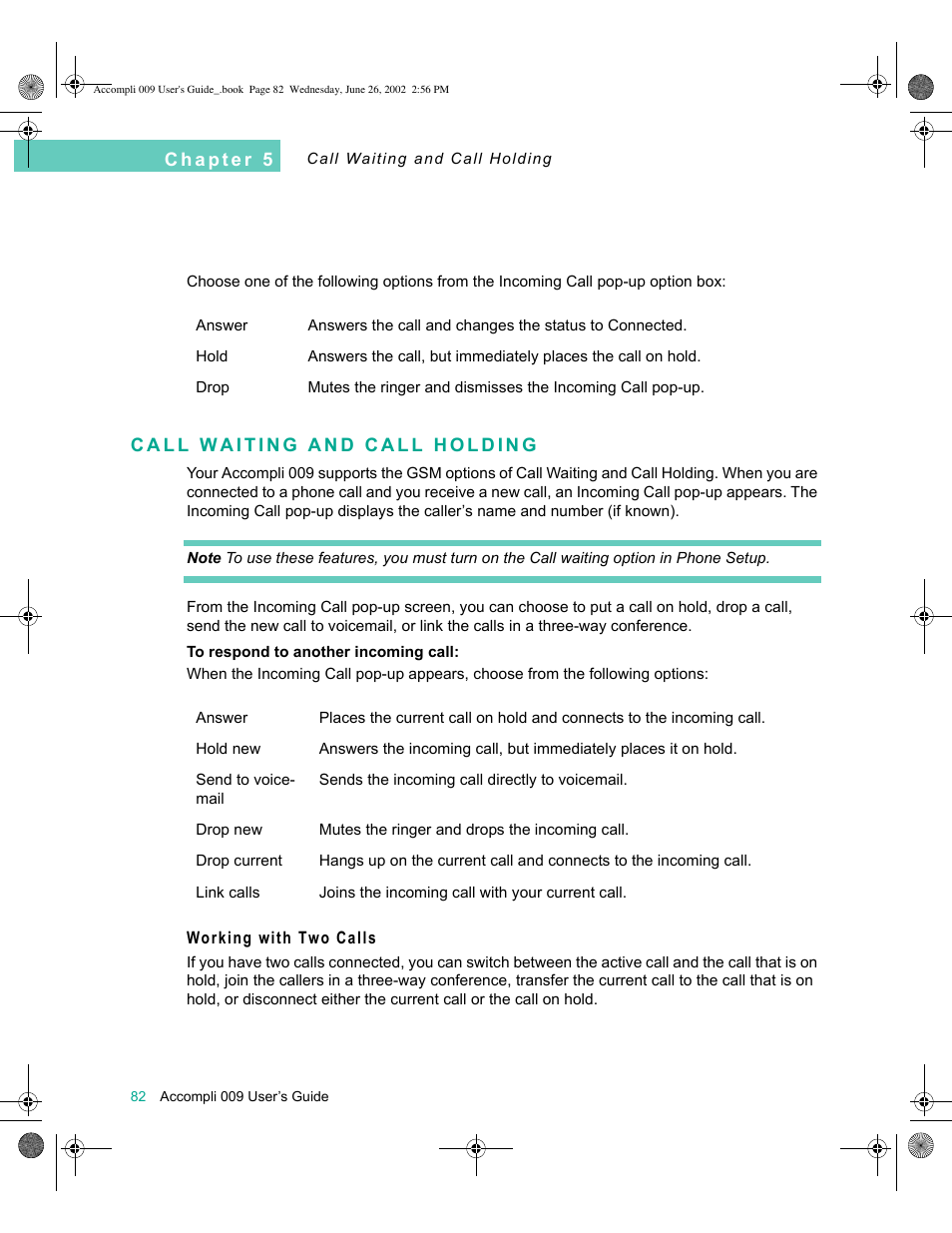 Call waiting and call holding, Working with two calls, Call waiting and call holding 82 | Motorola 009 User Manual | Page 82 / 190