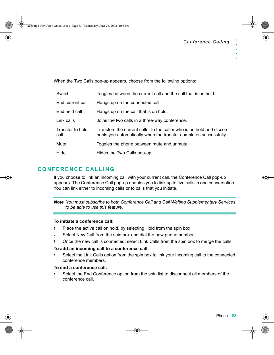 Conference calling, Conference calling 83 | Motorola 009 User Manual | Page 83 / 190