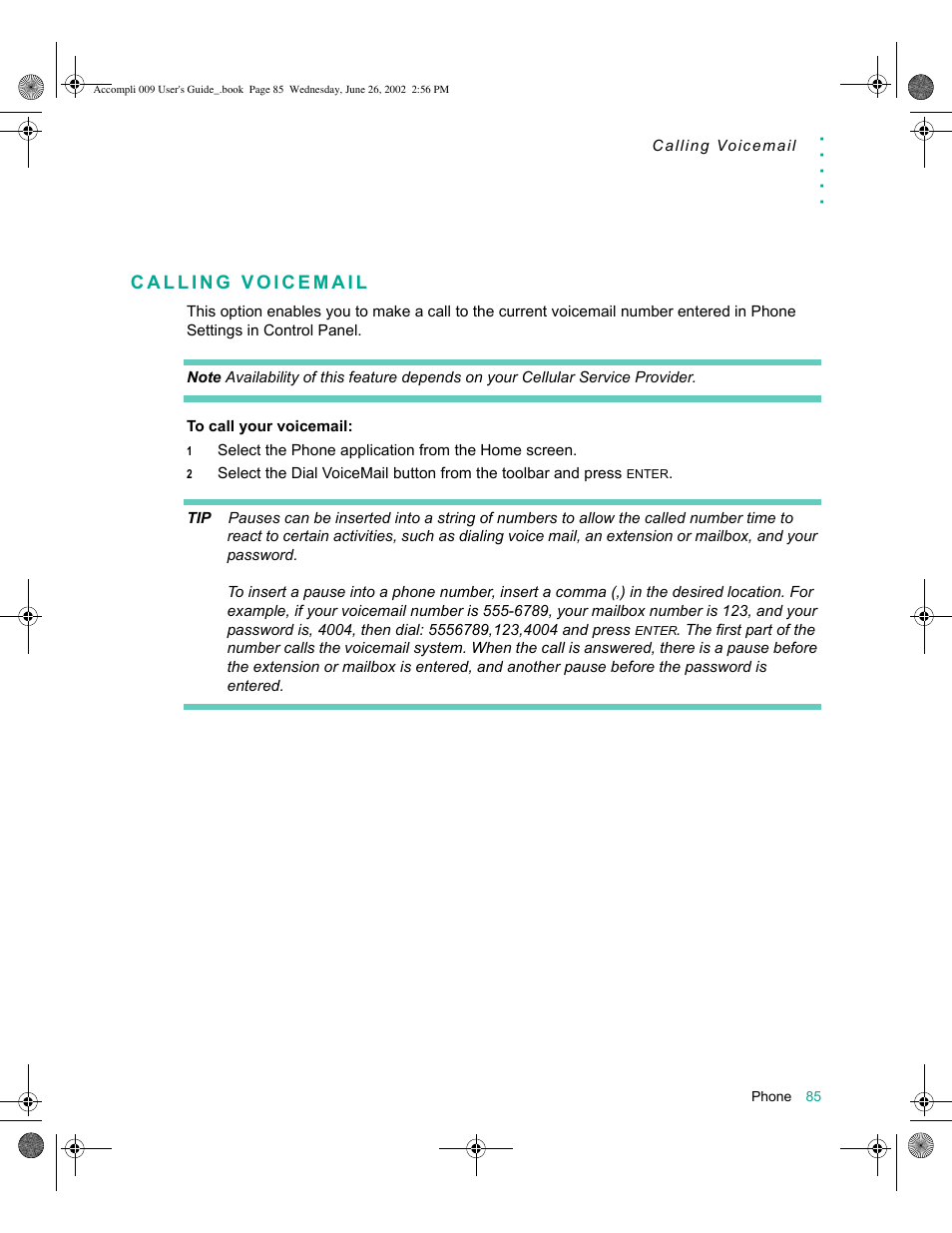 Calling voicemail, Calling voicemail 85 | Motorola 009 User Manual | Page 85 / 190